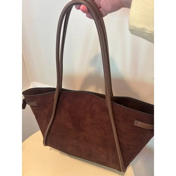 ASOS DESIGN Brown Faux Suede Tote Bag Tan Trim Gold Buckle Large Shoulder Bag - Picture 7 of 11